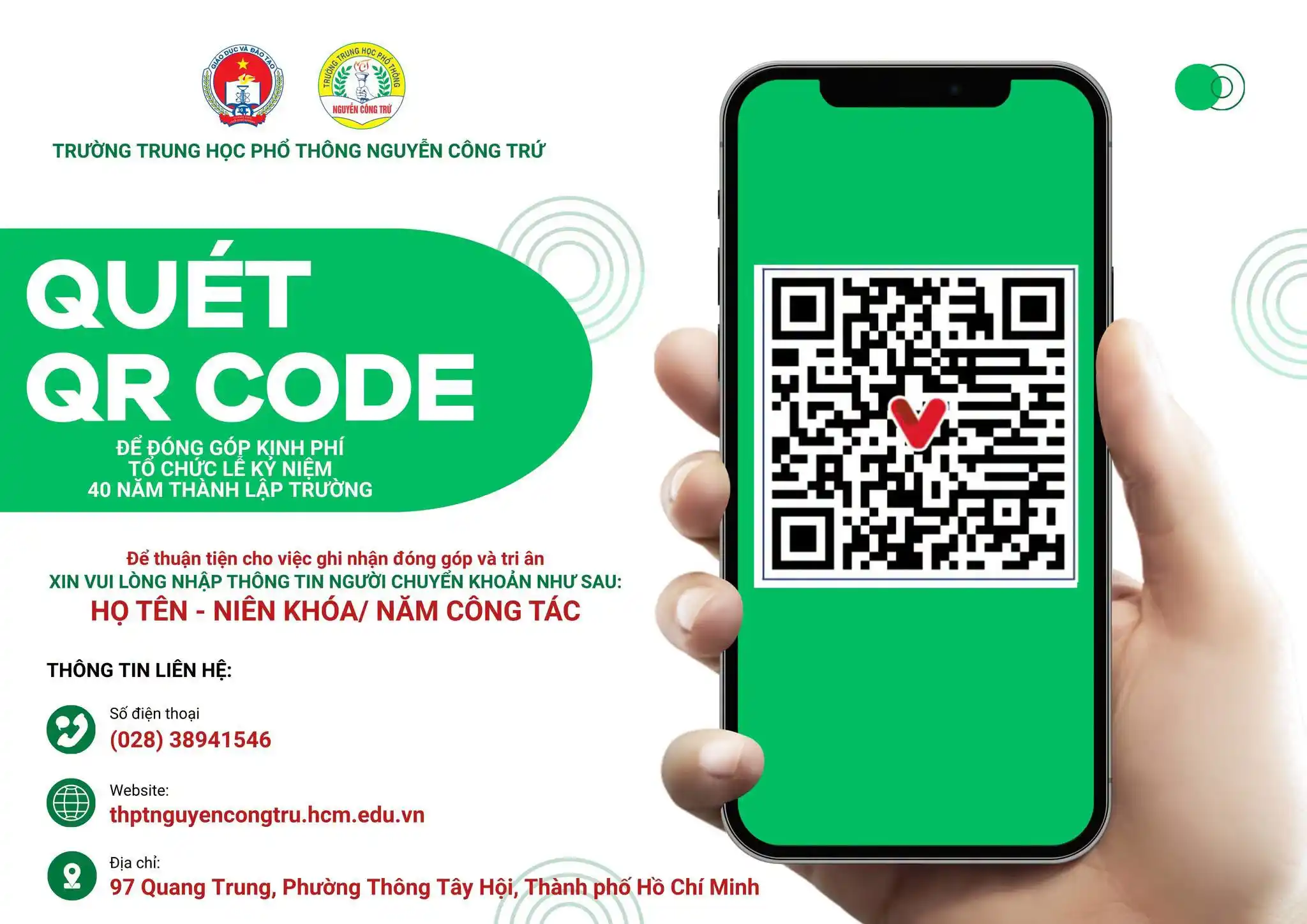 Thông tin tài khoản tiếp nhận đóng góp kỷ niệm 40 năm THPT Nguyễn Công Trứ